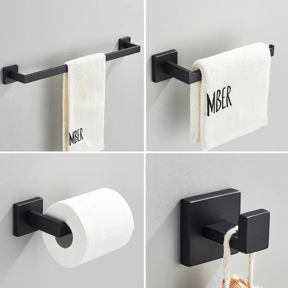 DecorBites™ Black Stainless Steel Bathroom Accessories Set: Towel Bar, Paper Holder, Hook & Bath Rack