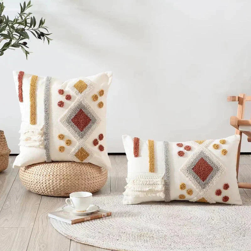 DecorBites™ Boho Ivory Brown Tufted Lace Pillow Cover 50x30/45x45cm for Living Room/Sofa