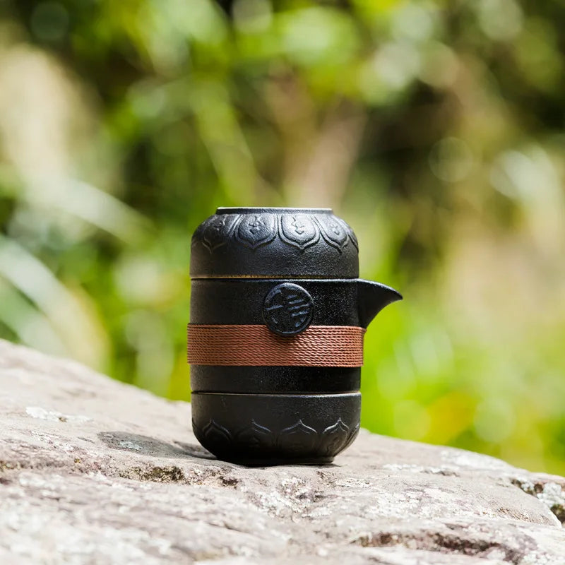 DecorBites™ Black Pottery Tea Set: Pot & 2 Cups in Portable Bag