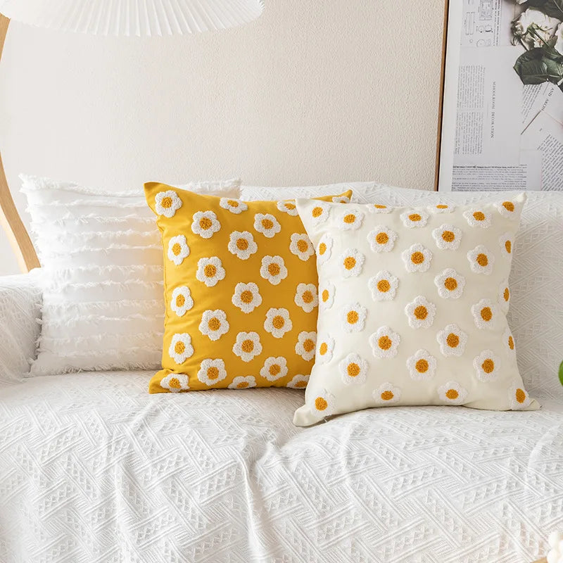 DecorBites™ Embroidered Flora Cotton Canvas Pillow Cover 30x50cm Yellow Zigzag Sham