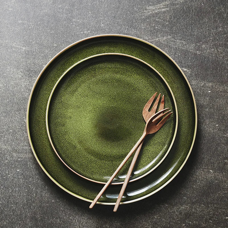DecorBites™ Green Ceramic Dinner Plate - Retro Shallow Pasta Plate, Salad Sushi Plate, Steak Plate - Set of 4