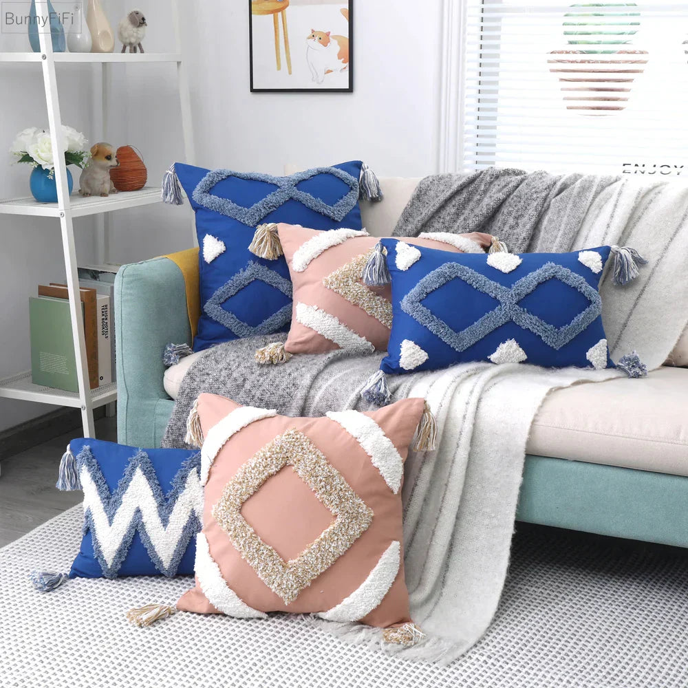 DecorBites™ Boho Tufted Tassel Cushion Cover 45x45cm - Blue Pink Cotton Throw Pillow Cover