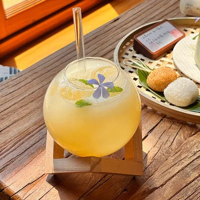 DecorBites™ Ball Shape Coffee Juice Cocktail Glasses Cup with Wood Base and Glass Straw