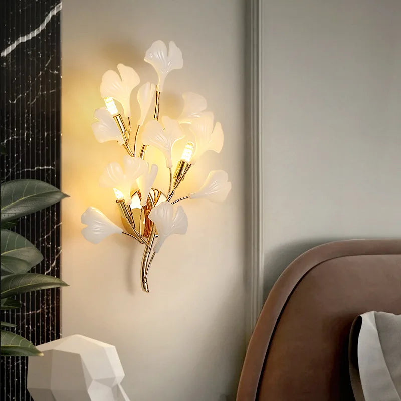 DecorBites™ Leaf Ceramic LED Wall Sconce, Romantic Bedroom Lamp, Gold Metal Art Decor