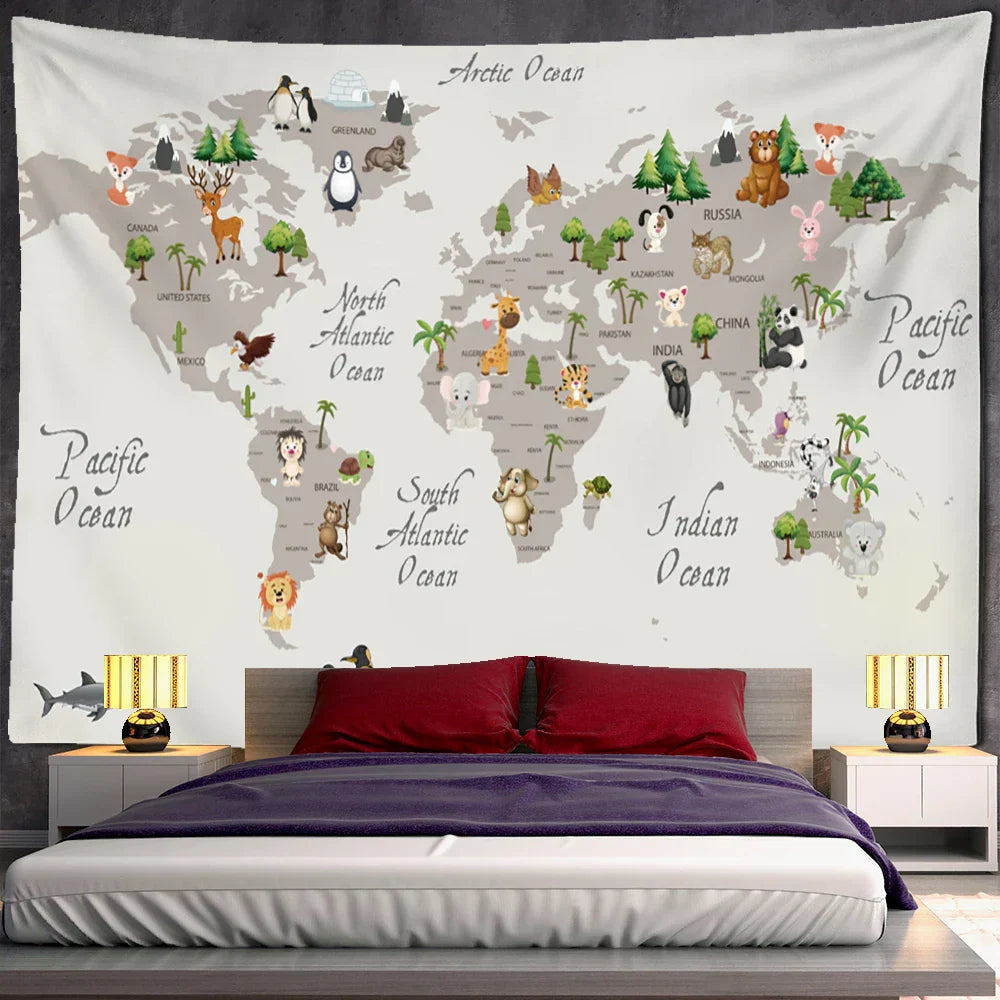 DecorBites™ Cartoon Animals Map Tapestry Wall Hanging for Cute Children's Room Decor
