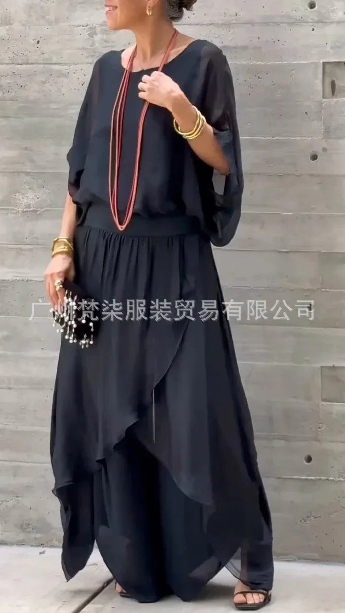 2025 Summer Fashion Women's Solid Color Casual Trendy Loose 2 Piece Chiffon Sets O-neck Short Sleeve T-shirts Wide Leg Trousers
