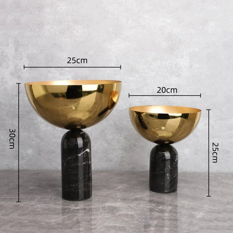 DecorBites™ Golden Fruit Bowl Metal Handicraft with Marble Base Storage Container Tray