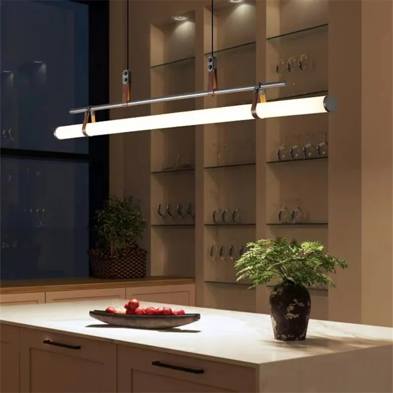 DecorBites™ Lucien Tube Chandelier Black Gold Leather Pendant Light Fixture
