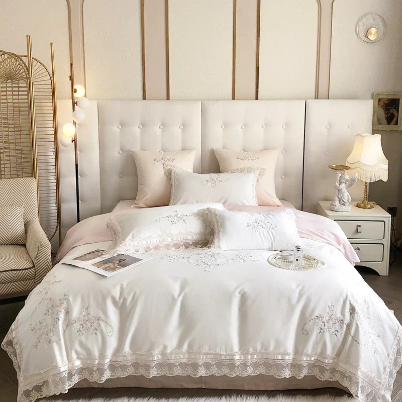 DecorBites™ French Lace Flowers Embroidery Wedding Bedding Set 1200TC - Luxurious and Romantic Cotton Duvet Cover Set