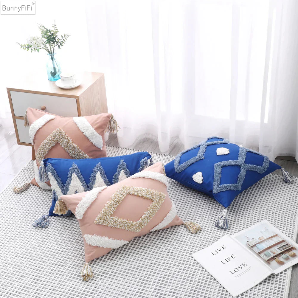 DecorBites™ Boho Tufted Tassel Cushion Cover 45x45cm - Blue Pink Cotton Throw Pillow Cover