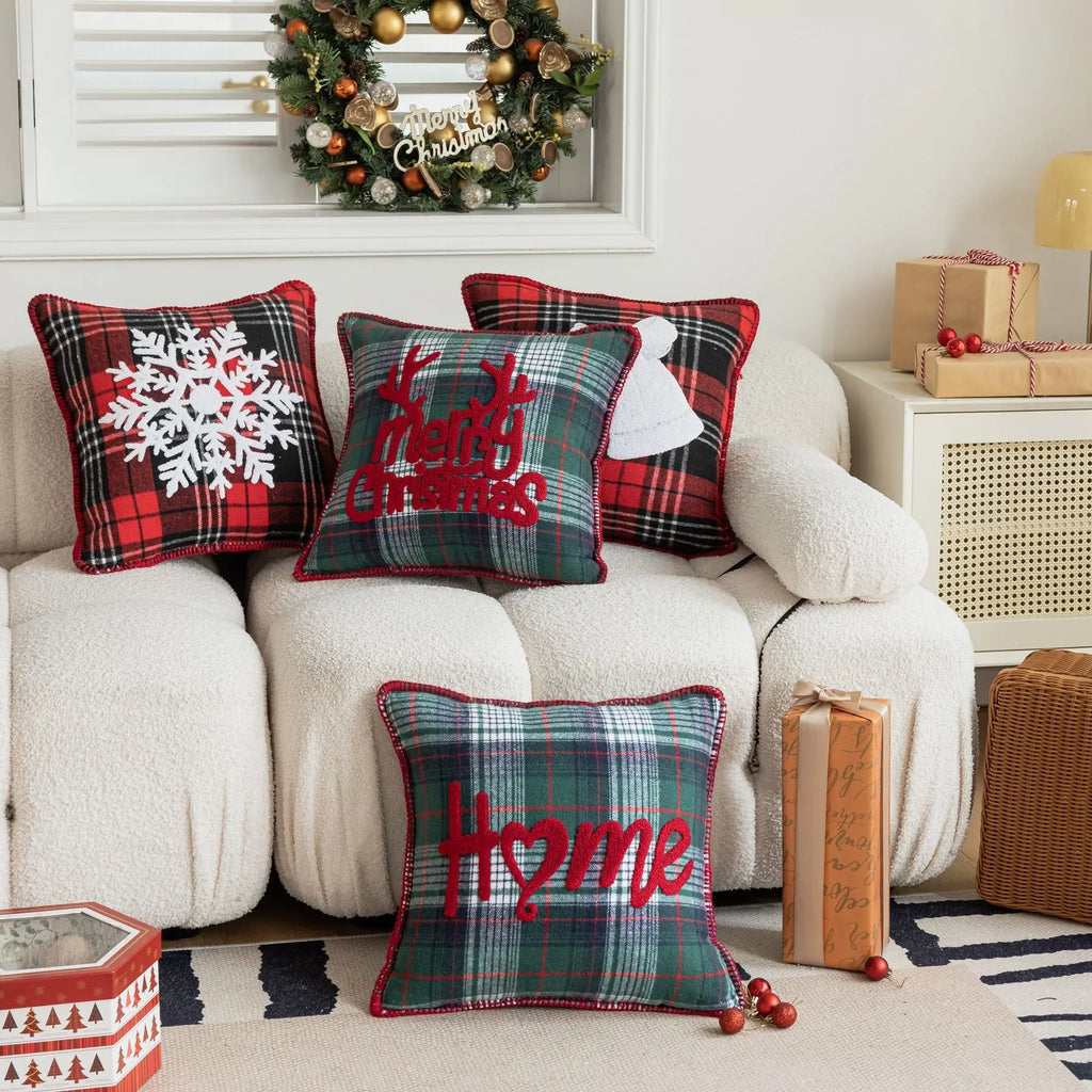 DecorBites™ Buffalo Check Snowflake Jingle Bell Pillow Case | Retro Christmas Decoration