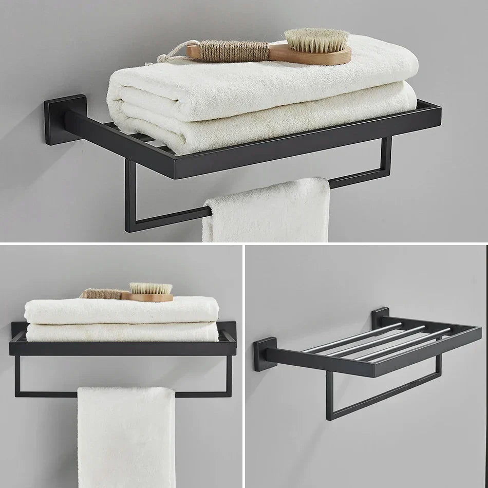 DecorBites™ Black Bathroom Accessories Set: Robe Hook, Towel Rail, Shelf, Tissue Holder