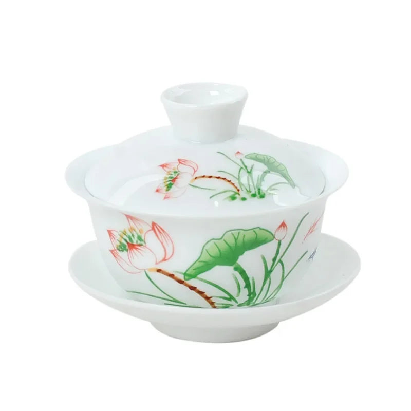 DecorBites™ Lotus Hand-Drawn Gaiwan Tea Set - White Porcelain Jingdezhen Teapot Puer Cup