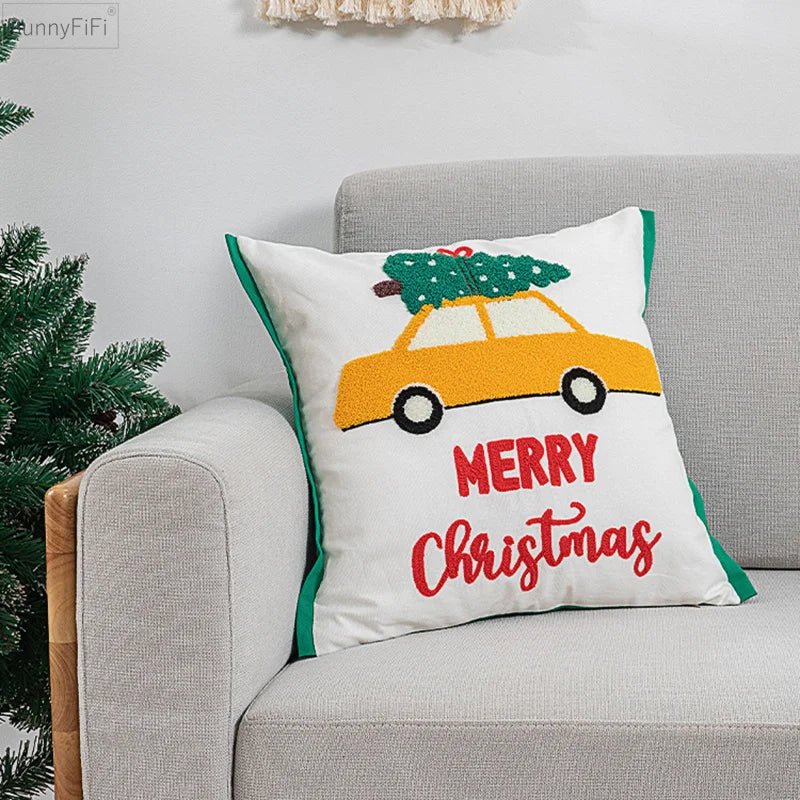 DecorBites™ Christmas Santa Snowflake Embroidery Pillow Cover Square Cotton 45x45cm