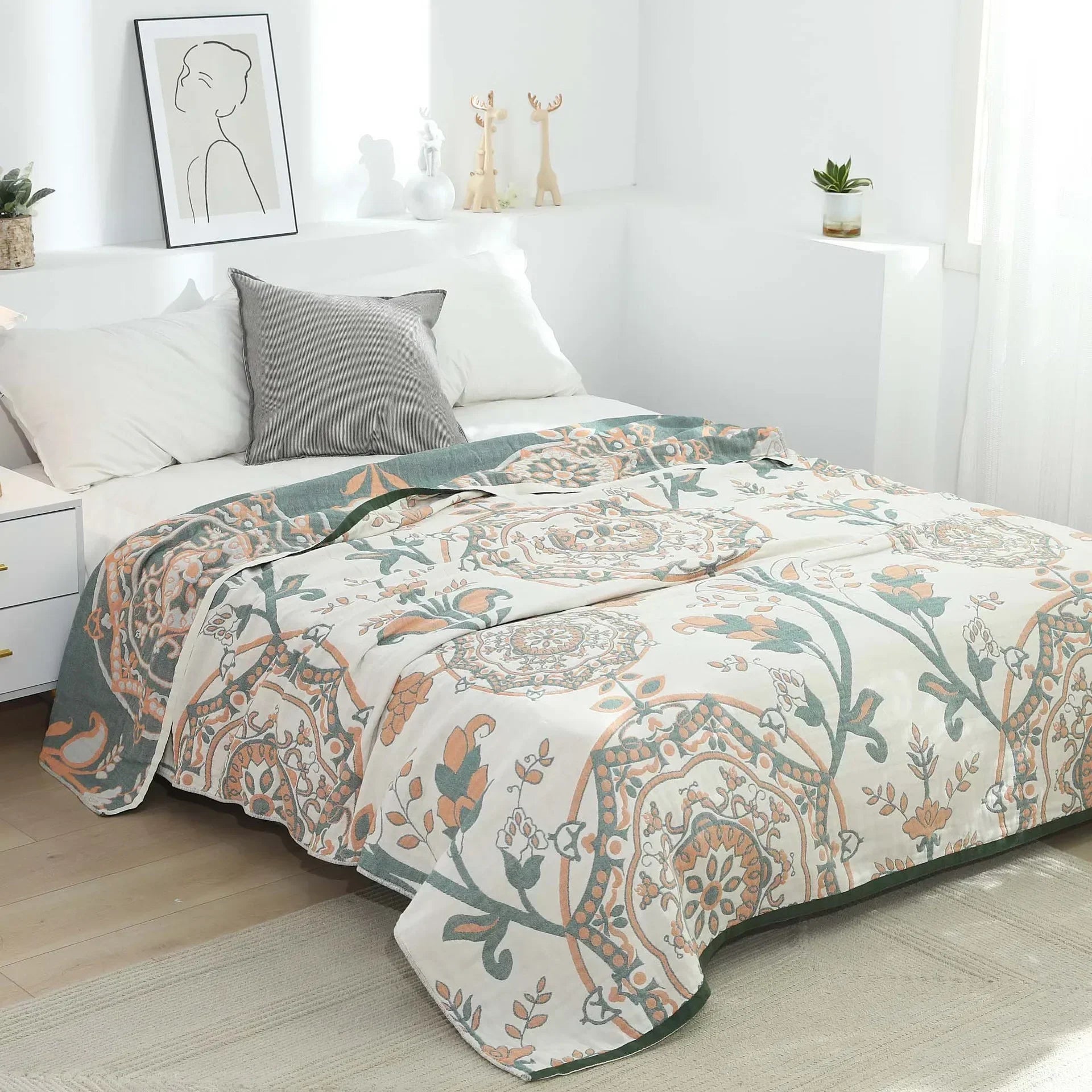 DecorBites™ Boho Mandala Cotton Summer Blanket - Double-Sided Soft Throw for Beds, Sofas