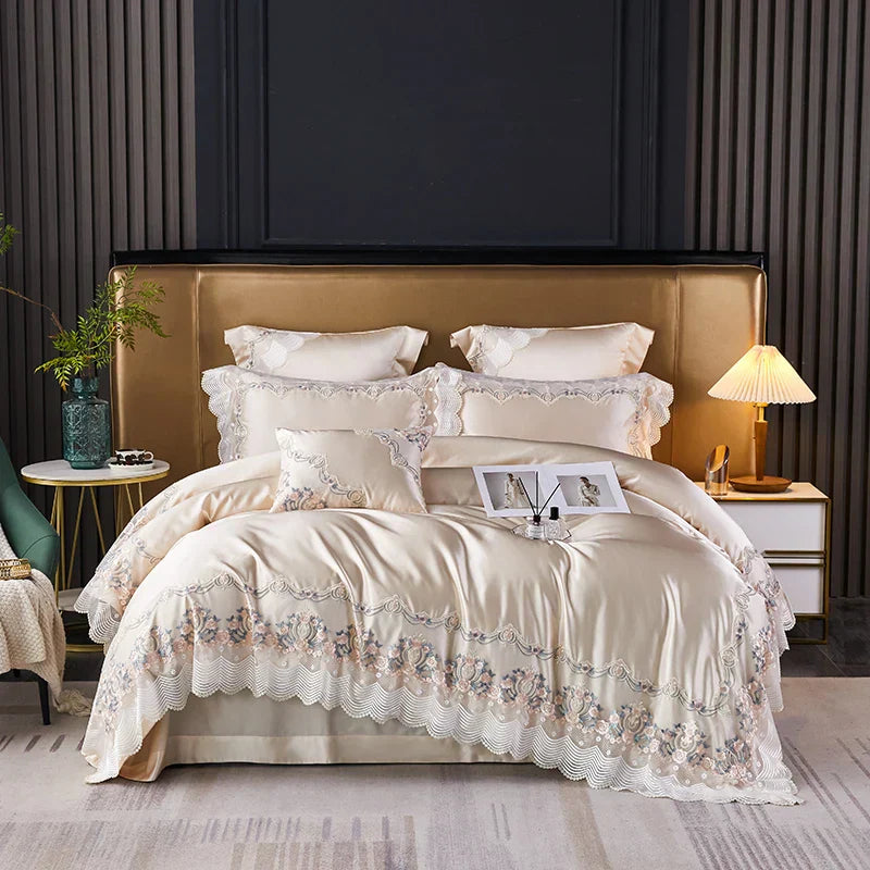 DecorBites™ Lace Silk Cotton Luxury French Wedding Bedding Set for Chic Princess Bedrooms