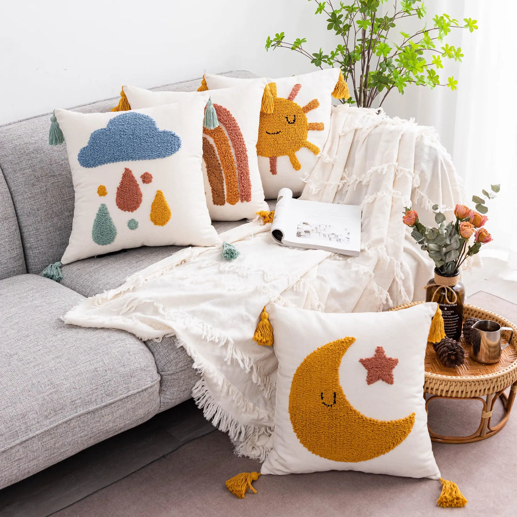 DecorBites™ Boho Yellow Rainbow Star Moon Tassel Cushion Cover 45x45cm