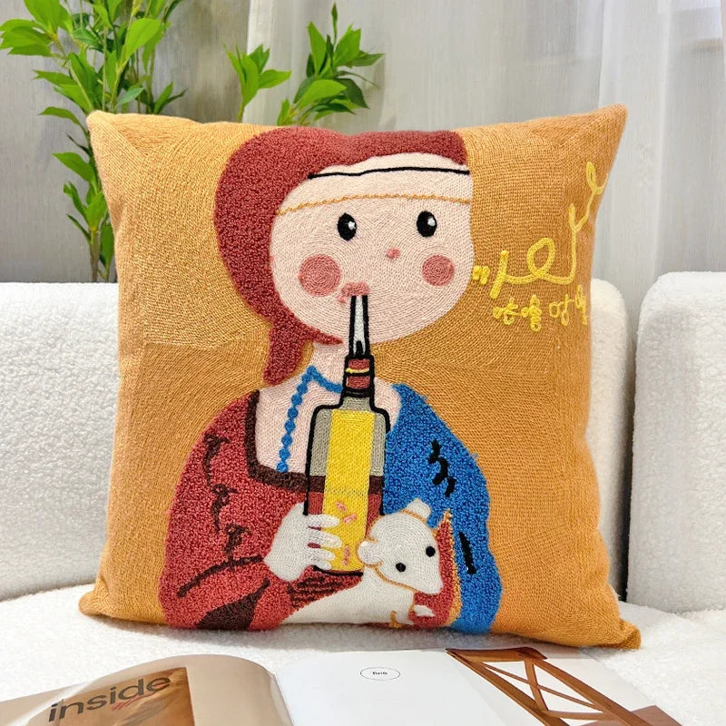 DecorBites™ Cartoon Oil Painting Embroidery Throw Pillow for Office Chair, Living Room, Bedroom