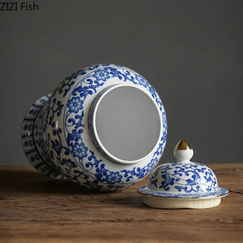 DecorBites™ Blue & White Porcelain Jar with Gold Plating - Ceramic Storage & Desk Decor