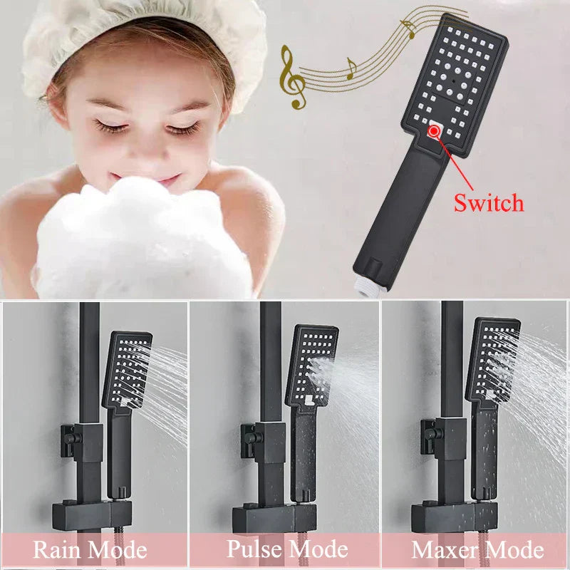 DecorBites™ Black Stainless Steel Shower Faucet Set with Waterfall Outlet - Chrome Bathtub Tap