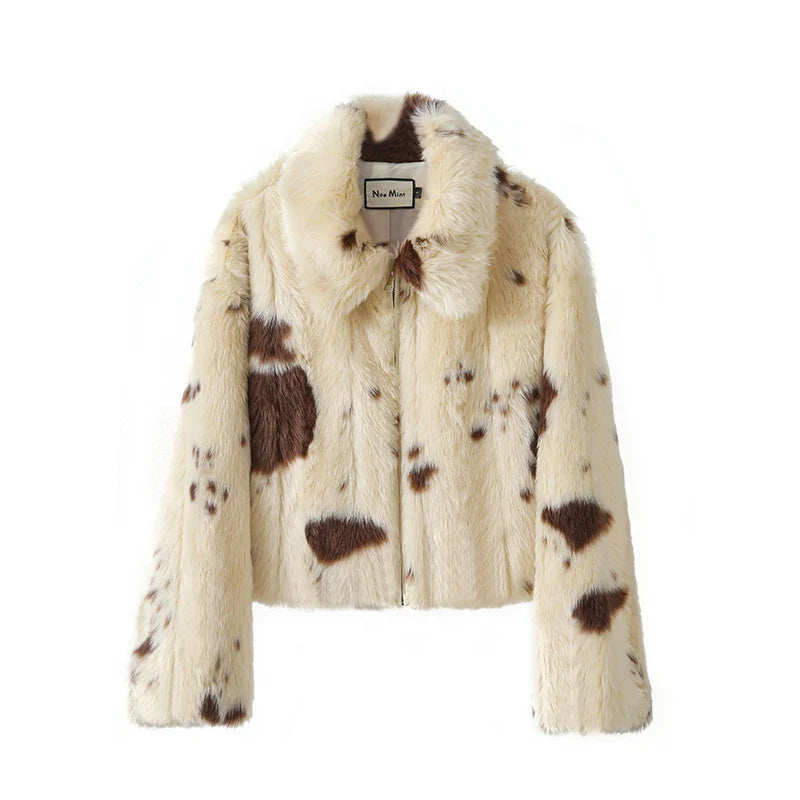 Neo Mint Chic Street Girls Cow Print Fur Coat Women 2025 Winter New Brand Fashion Warm Faux Fur Jacket Autumn Iconic Streetwear
