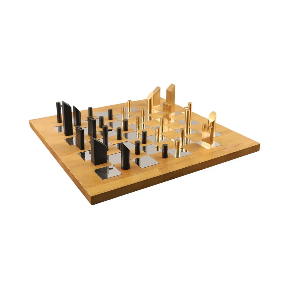 "DecorBites™ Geometric Block Chess Set - Wooden Metal Chessboard Home Decor"