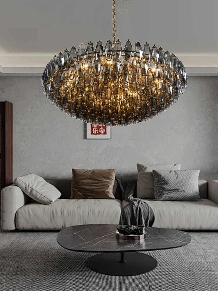 "DecorBites™ Large Pink Glass Chandelier Amber Classic Lighting for Dining Room"