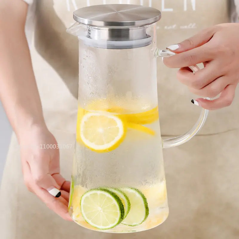 DecorBites™ Glass Pitcher with Lid, Heat Resistant Water Carafe for Hot/Cold Beverages
