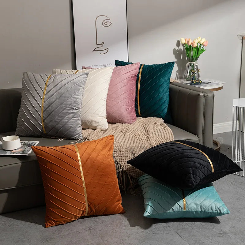 DecorBites™ Golden Velvet Patchwork Cushion Cover for Sofa Decor
