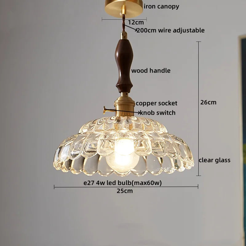 DecorBites™ LED Pendant Light Fixture Wood Handle Clear Glass Modern Hanging Lamp