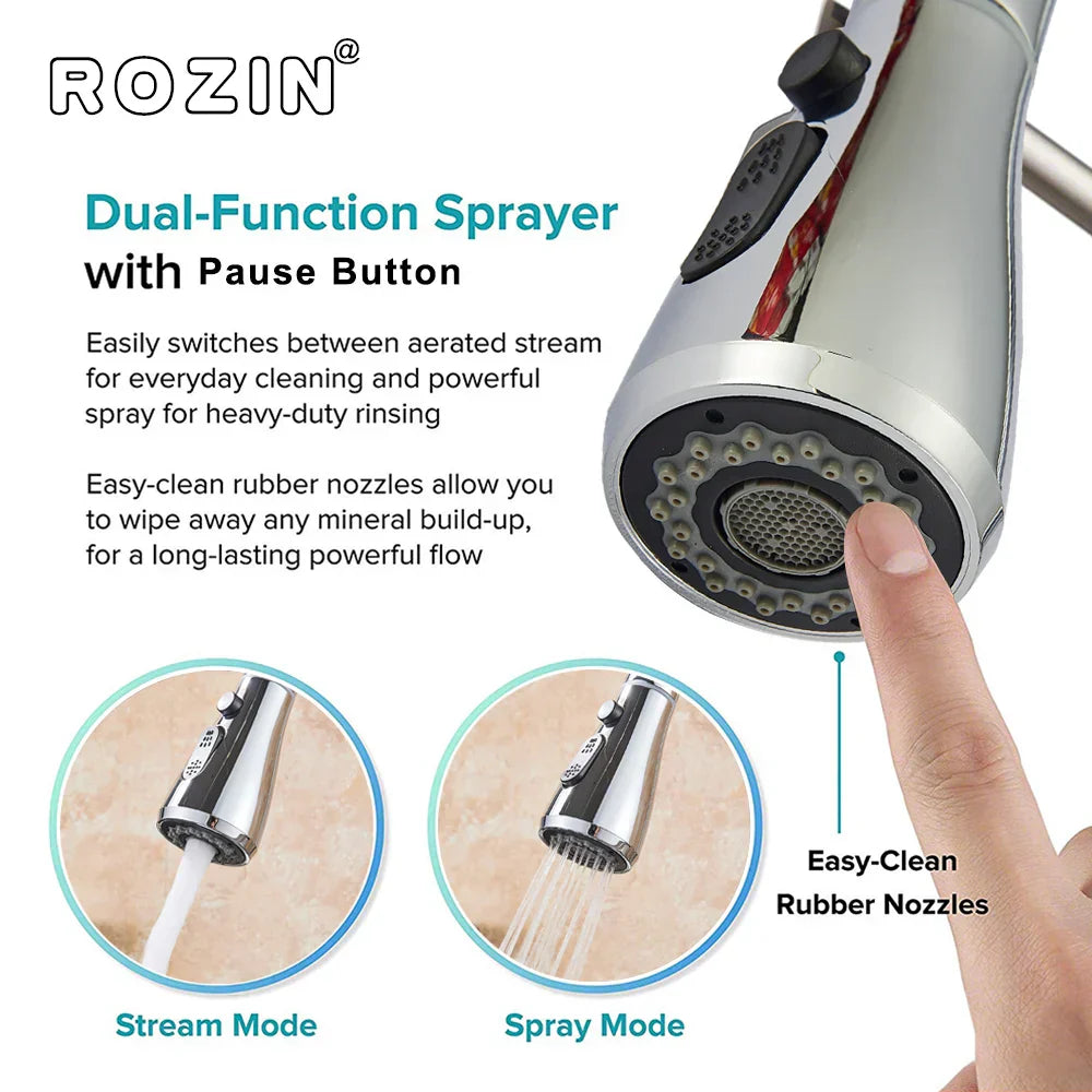 DecorBites™ Brushed Nickel Kitchen Faucet with Flexible Pull Out Nozzle and Stream Sprayer