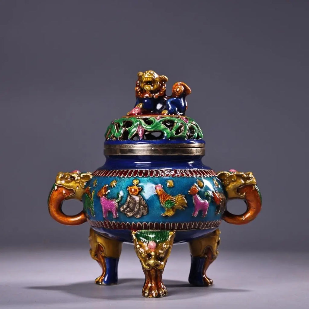 DecorBites™ Bronze Cloisonne Lion Dragon Incense Burner Ornament