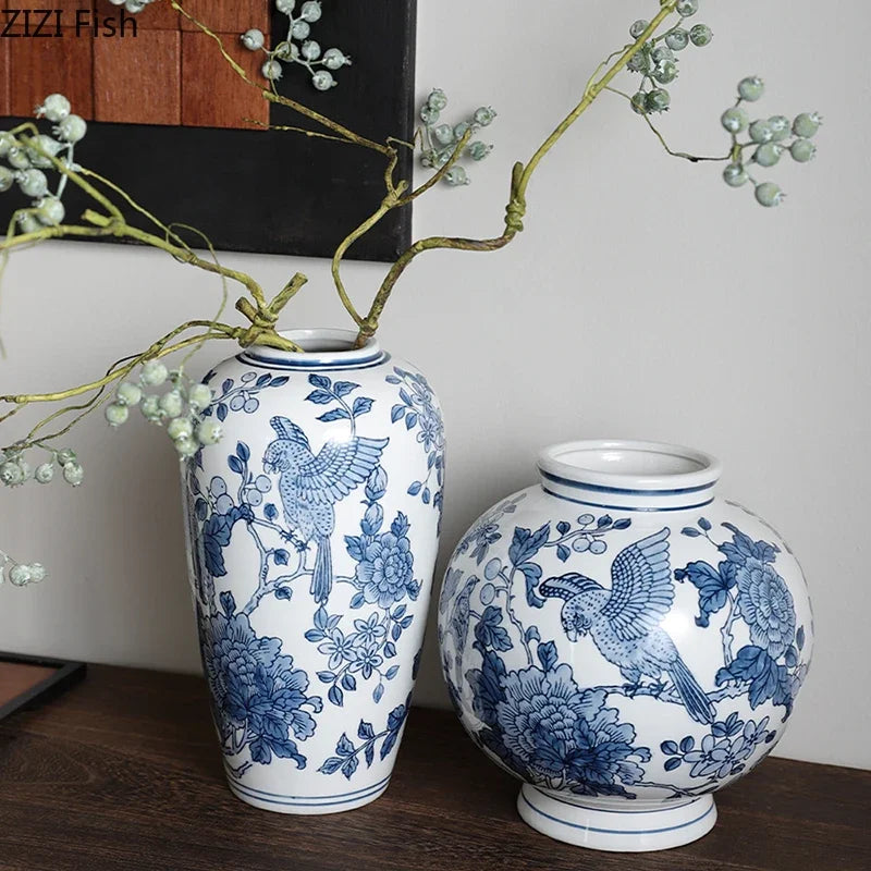 DecorBites™ Blue Porcelain Vase: Flowers and Birds Pattern Table Decor Floral Vases Room Aesthetic