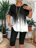 Women's Spring/Summer Fashion Gradient Graphic Print Short Sleeve T-Shirt + Pants Two-Piece Set