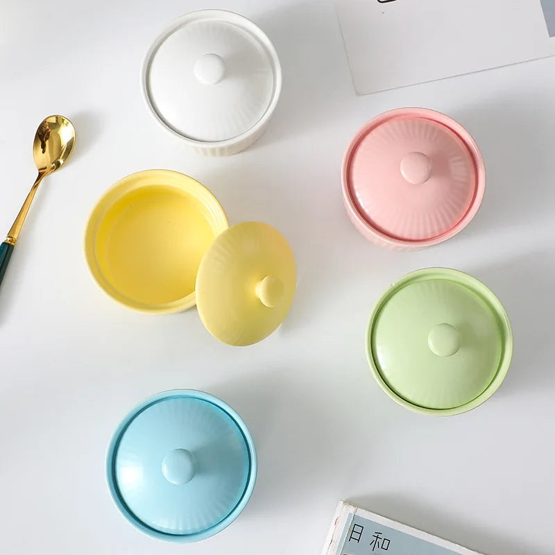 DecorBites™ Ceramic Dessert Bowl with Cover, Small Porcelain Soup Bowl, Cake Baking Mold