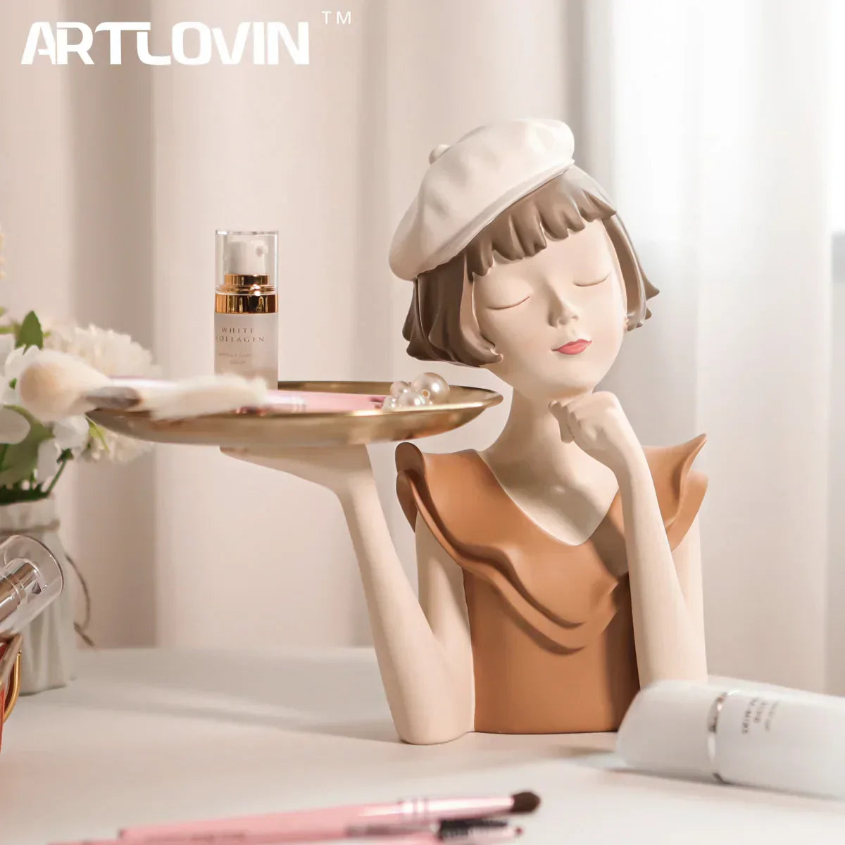 DecorBites™ Balloon Girl Bust Vase and Tray Set - Modern Resin Sculptures for Living Room Decor
