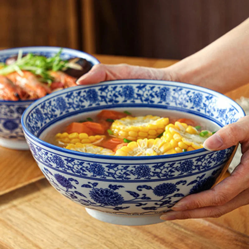 DecorBites™ Blue and White Retro Ceramic Soup Noodle Bowl