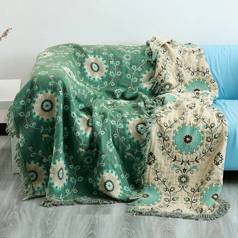 DecorBites™ Bohemian Cotton Sofa Throw Blanket - Double Side Bed Cover & Cushion - All Seasons Quilt