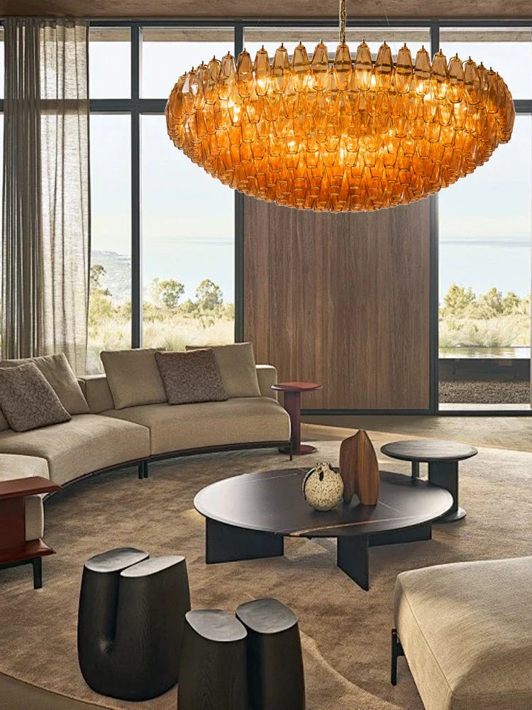 "DecorBites™ Large Pink Glass Chandelier Amber Classic Lighting for Dining Room"