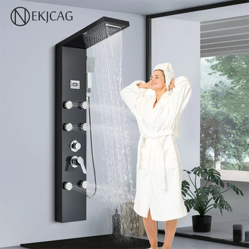DecorBites™ Black Shower Panel Column Wall Mount Rainfall Waterfall Faucet Hot Cold Mixer Tap