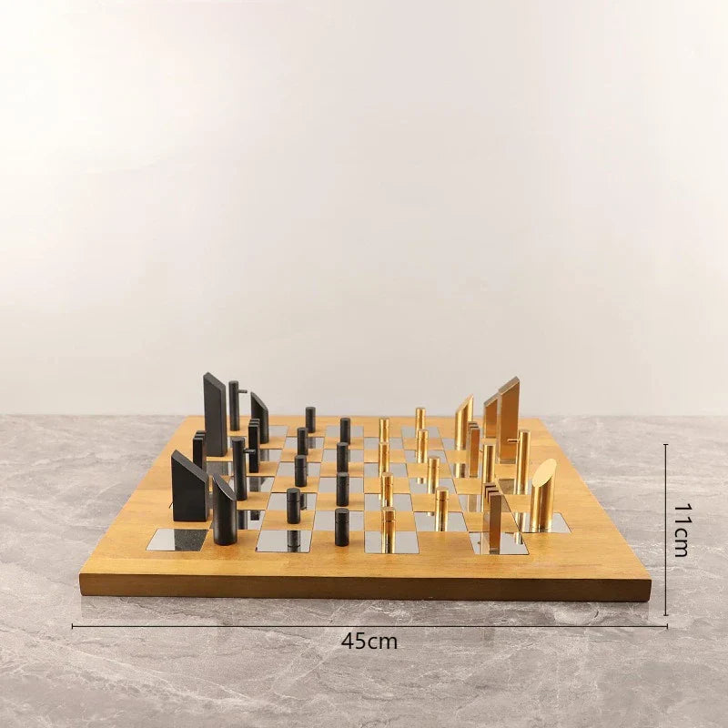 "DecorBites™ Geometric Block Chess Set - Wooden Metal Chessboard Home Decor"