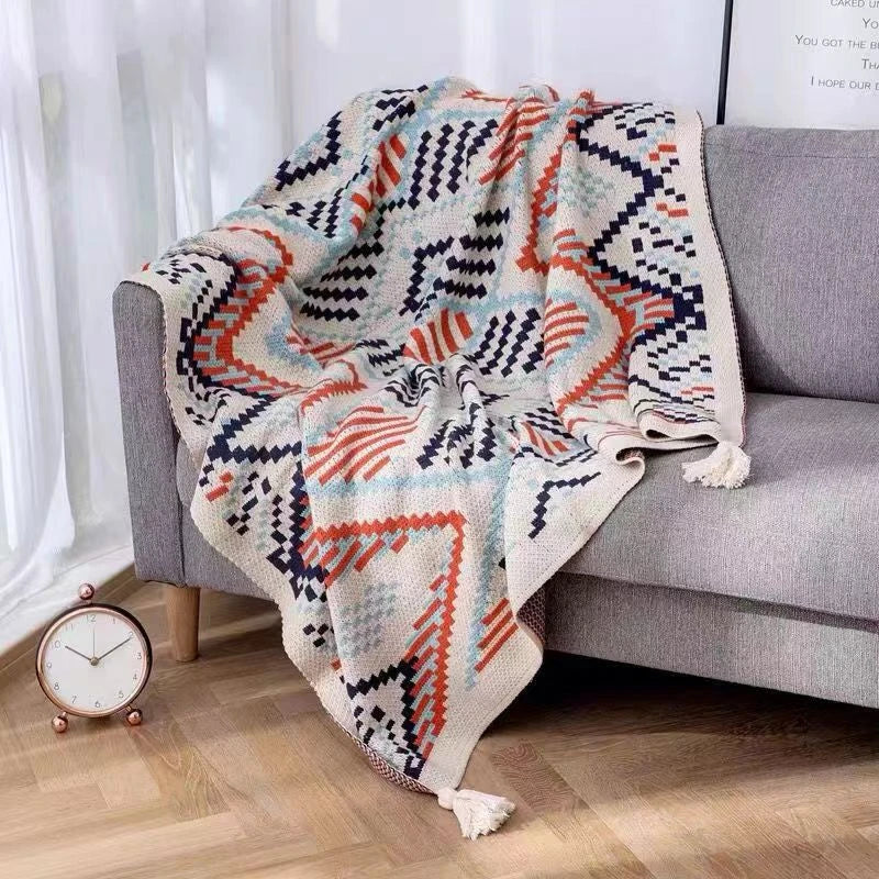 DecorBites™ Bohemian Striped Knit Throw Blanket with Tassel Shawl - Versatile and Cozy Blanket