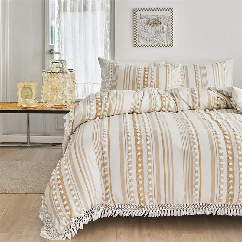 DecorBites™ Boho Stripe Furball Duvet Set: High-Quality King Size Bedding with Tassels