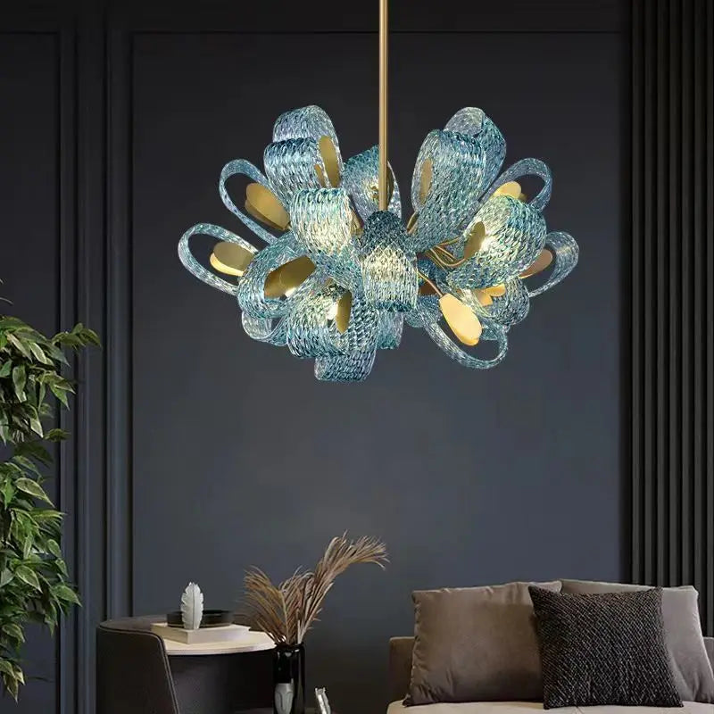 DecorBites™ LED Art Deco Blue Peacock Leaf Copper Ceiling Chandelier for Living Room