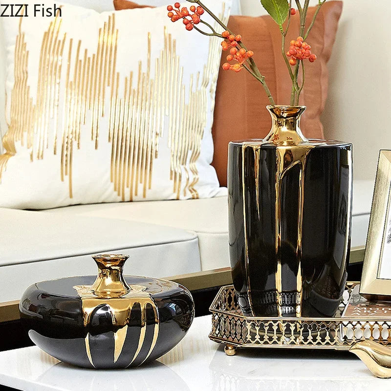 DecorBites™ Elegant Black Gold Ceramic Vase for Modern Luxury Flower Decoration