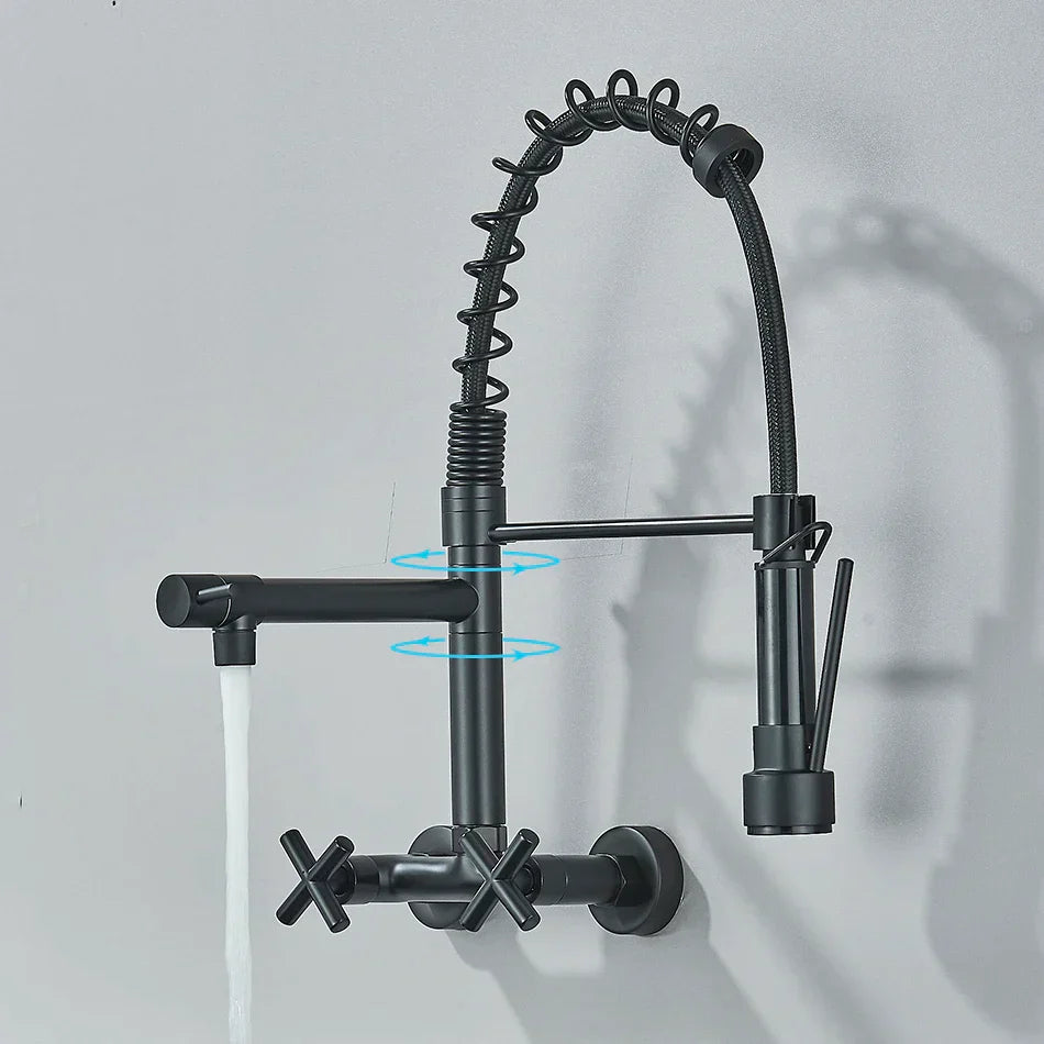 DecorBites™ Gold Black Kitchen Faucet Wall Mount Pull Down Tap Dual Swivel Spouts