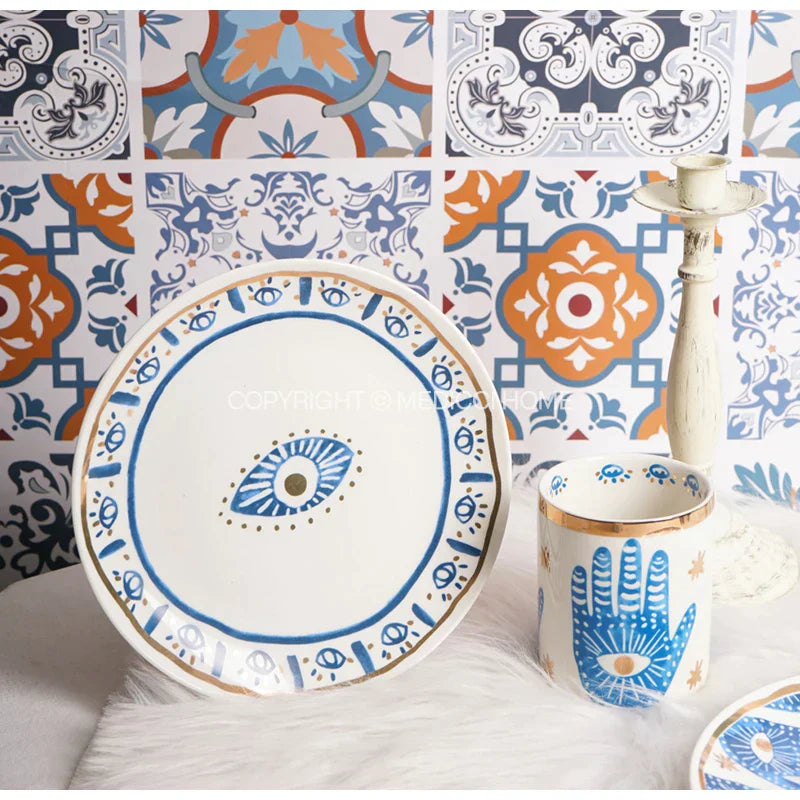 DecorBites™ Bright Eyes Ceramic Dinner Plate Set, 8" Boho Art Salad Dessert Plate