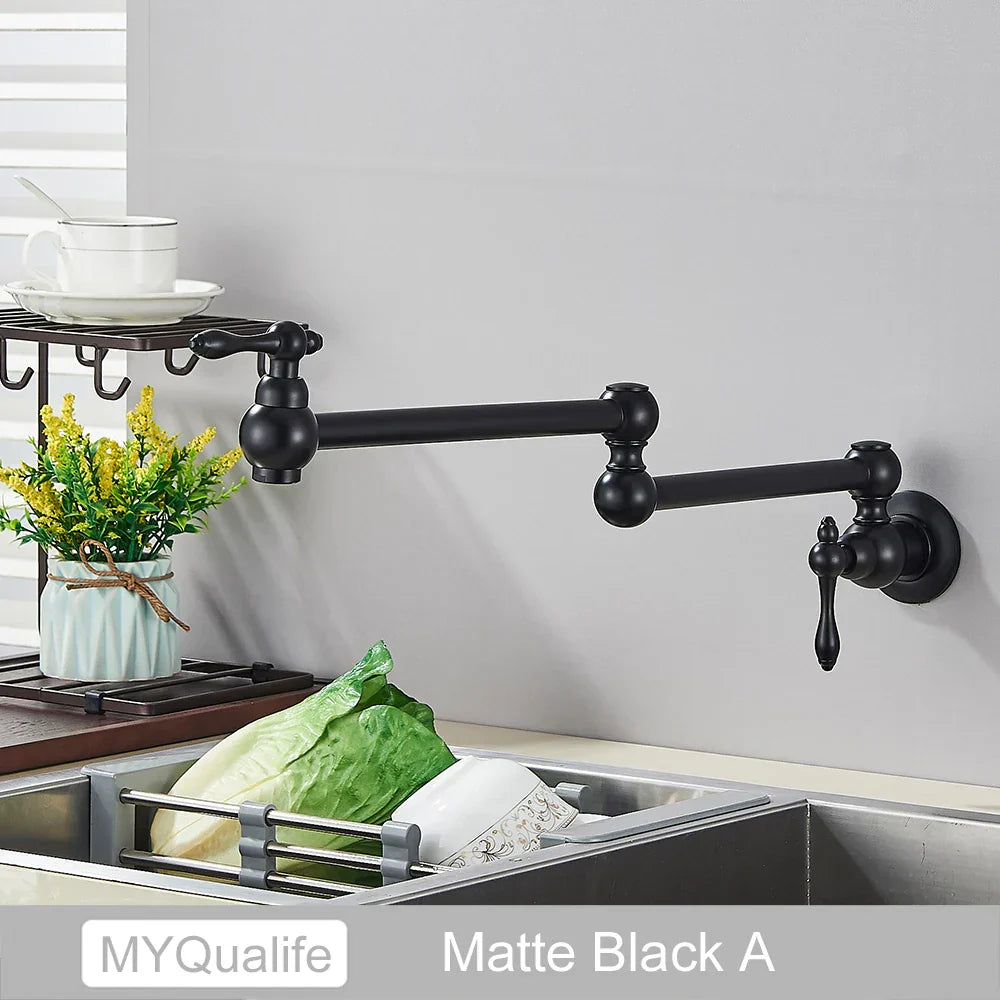 DecorBites™ Brushed Gold Brass Pot Filler Faucet with Folding Spout - Wall Mounted Kitchen Tap