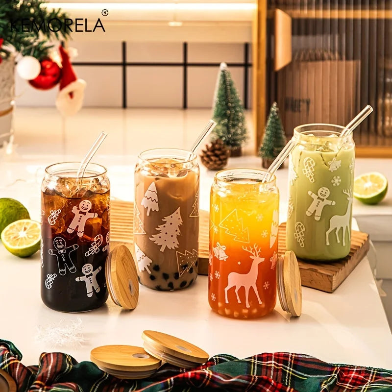 DecorBites™ Christmas Themed Glass Beer Can Mug with Lid and Straw | Festive Xmas Tree and Elk Design