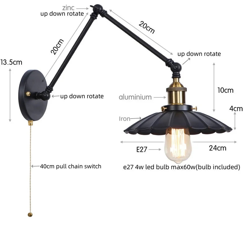 DecorBites™ Gold Industrial LED Wall Lamp with Pull Chain Switch for Home Decor